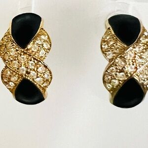 Roman vintage earrings half hoop EUC black enamel & crystals in gold tone